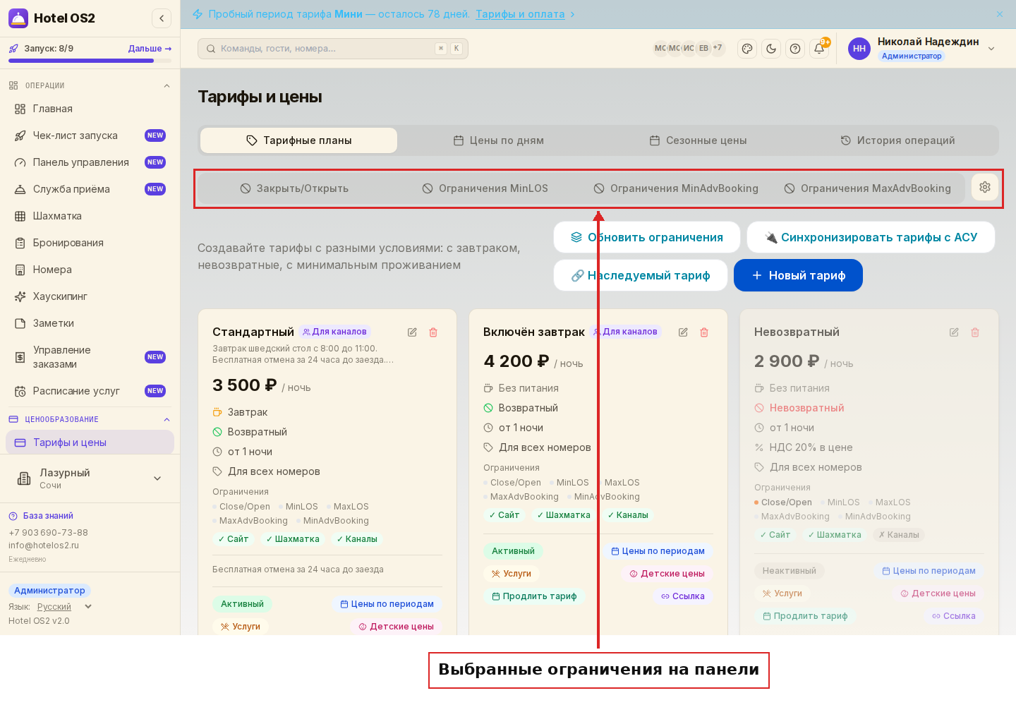 Выбранные ограничения на панели