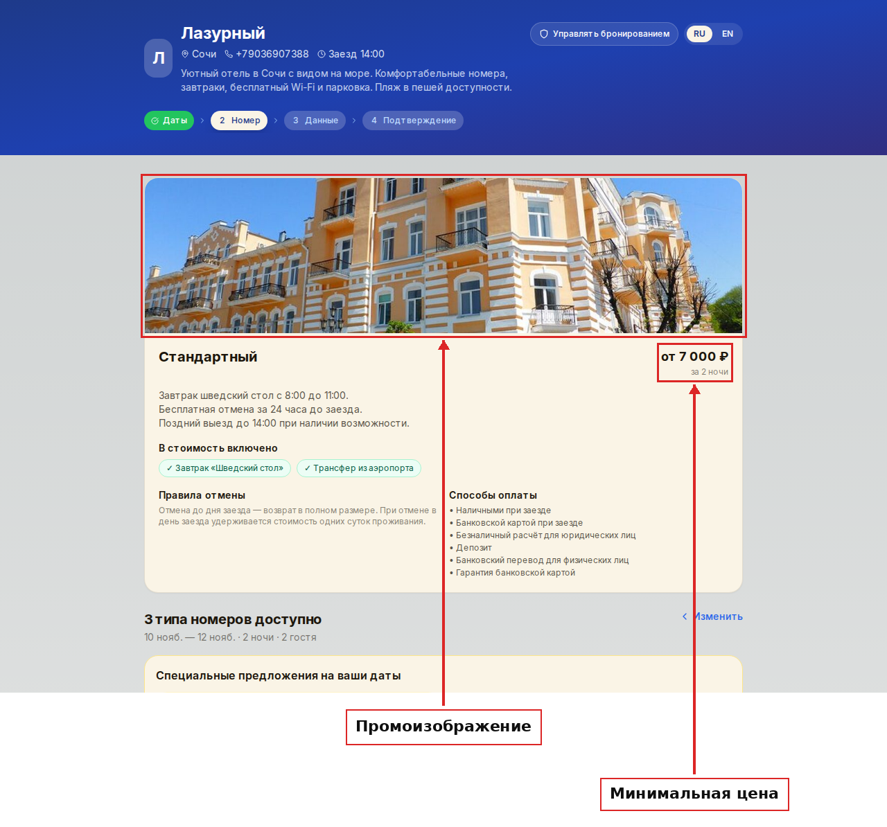 Промостраница тарифа «Стандартный»: промоизображение, включённые услуги, правила отмены, способы оплаты и минимальная цена