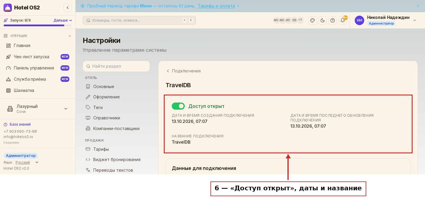 Страница подключения TravelDB: переключатель «Доступ открыт»