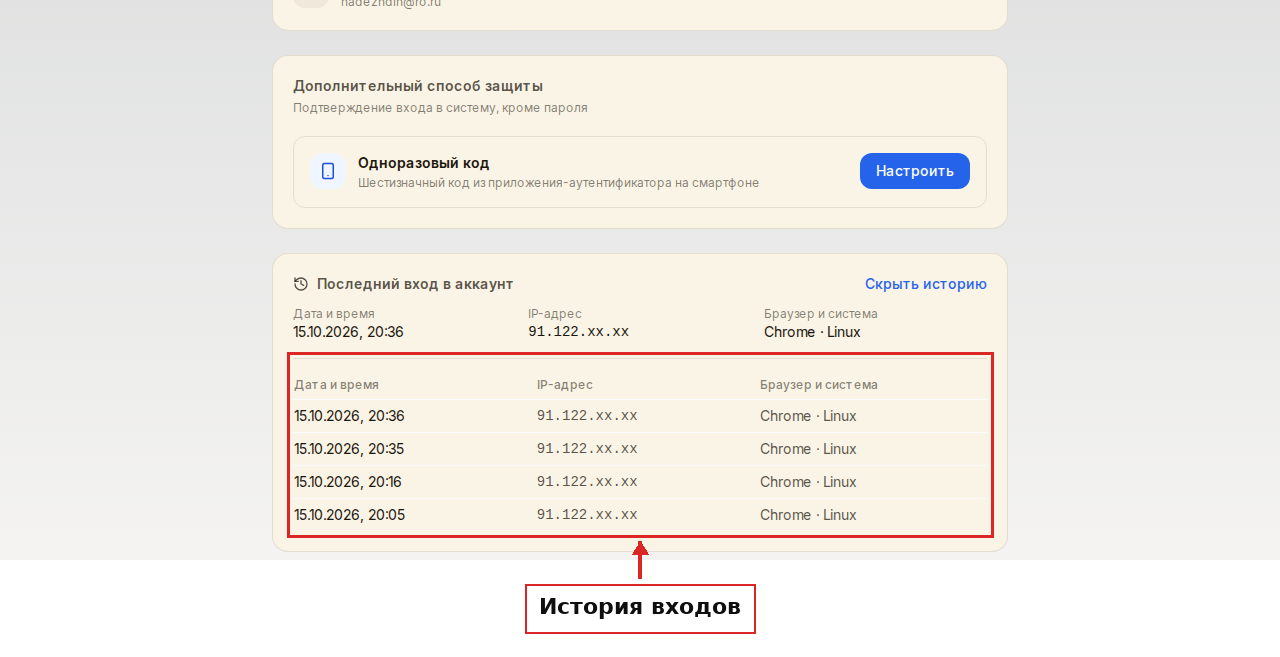 История входов: дата и время, адрес и браузер каждого входа