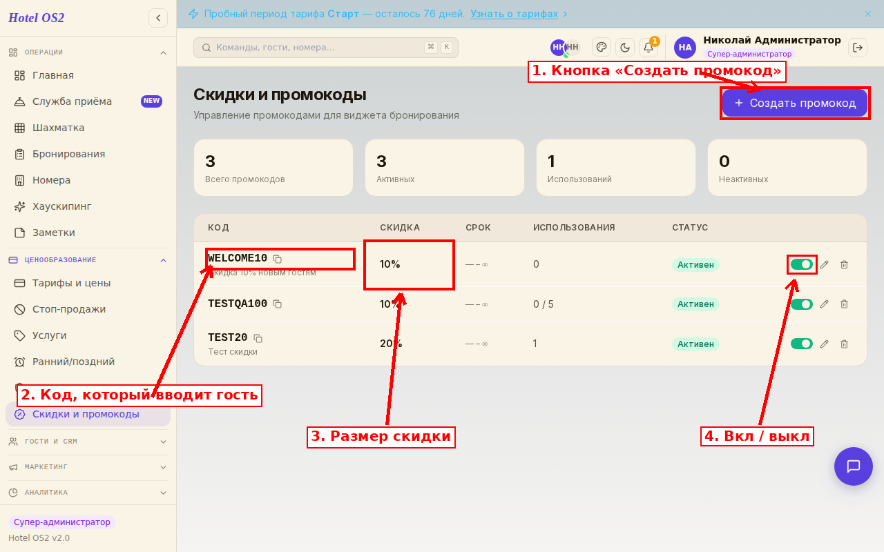 Админка промокодов