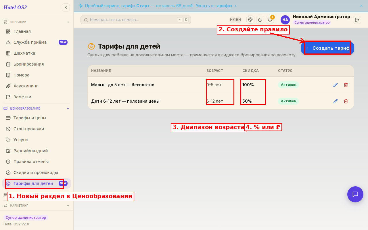 Админка детских тарифов