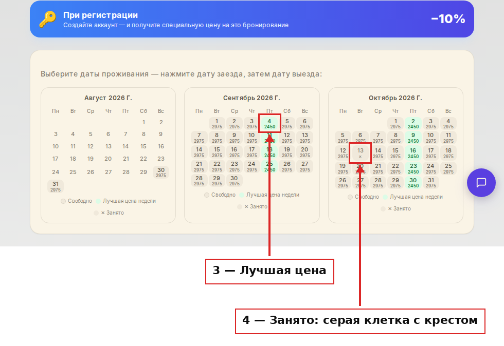 Календарь крупно: зелёная лучшая цена недели и серая занятая дата с крестом
