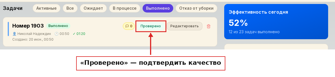 Кнопка «Проверено» у выполненной уборки