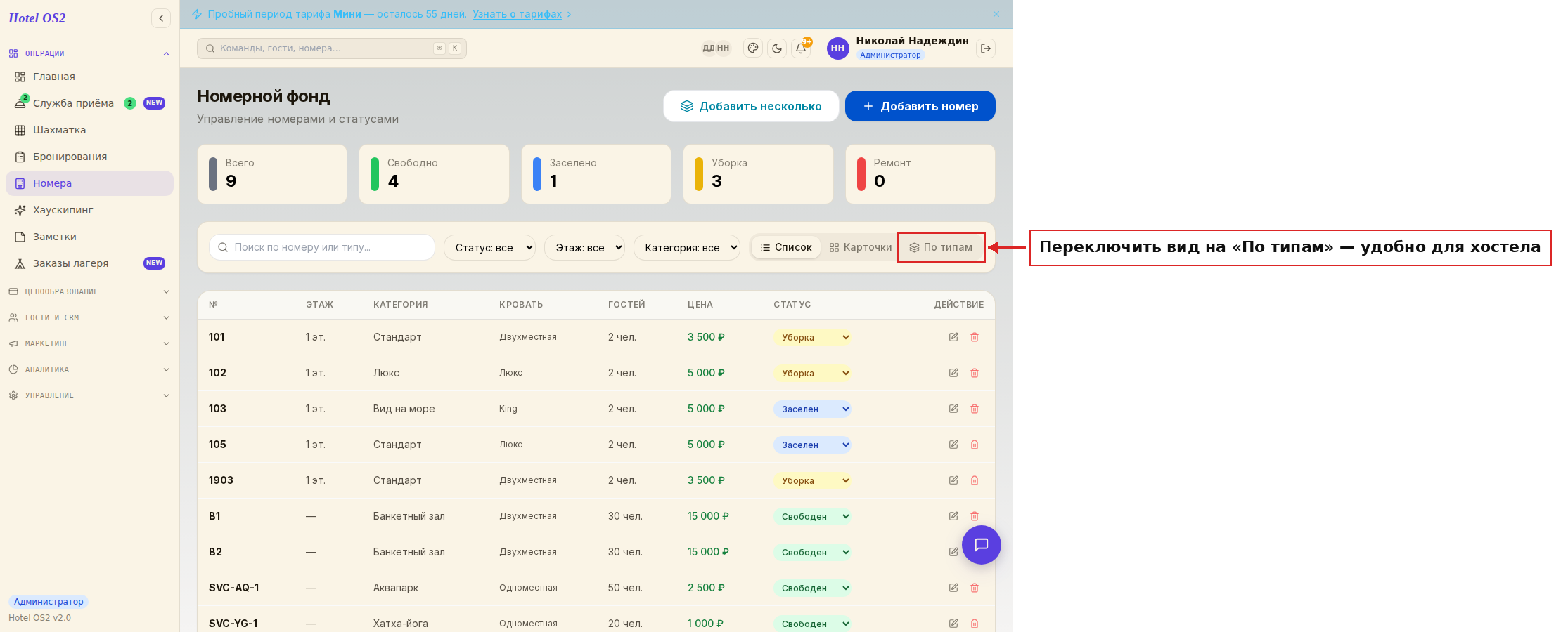 Список номеров с переключателем «По типам»