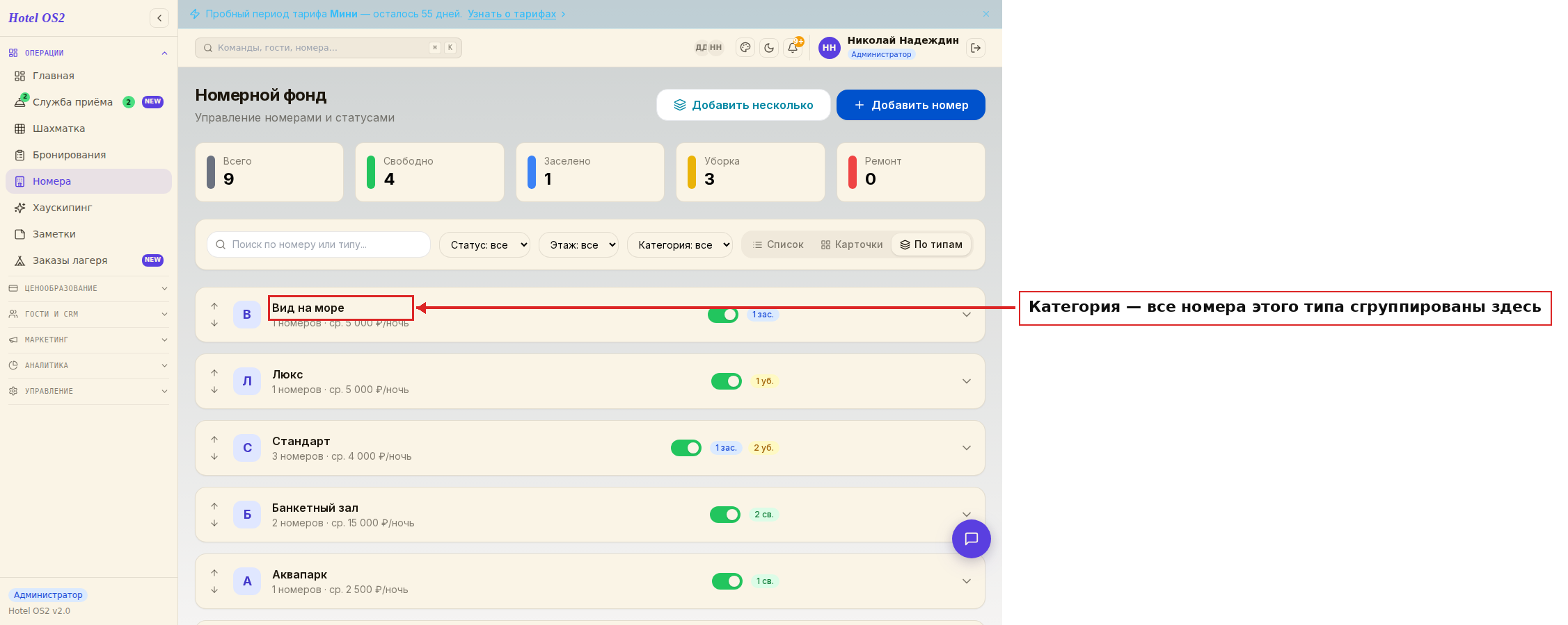 Вид «По типам» — категория с местами
