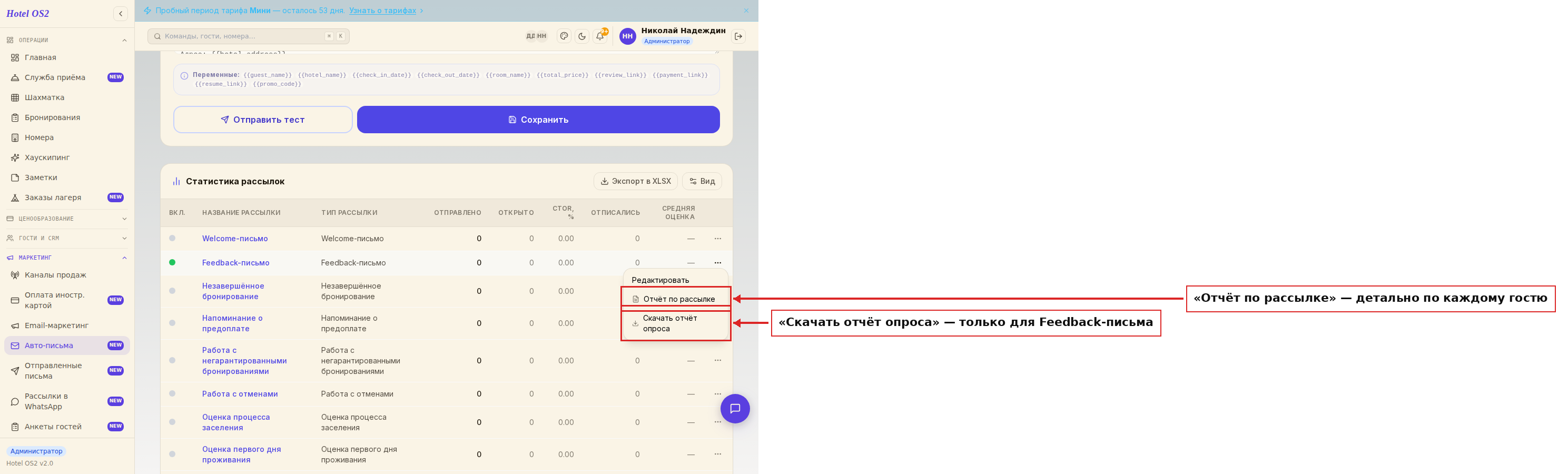 Меню с отчётом опроса для Feedback-письма