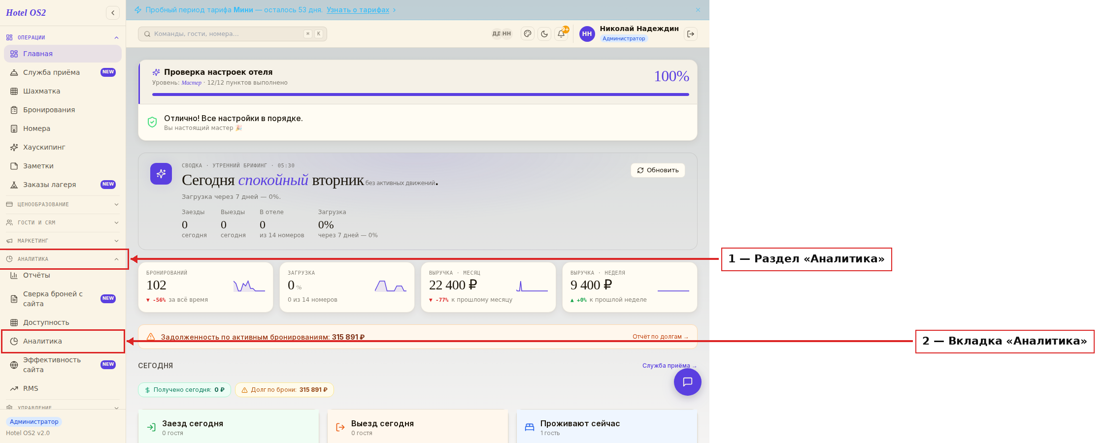 Раздел «Аналитика» в меню