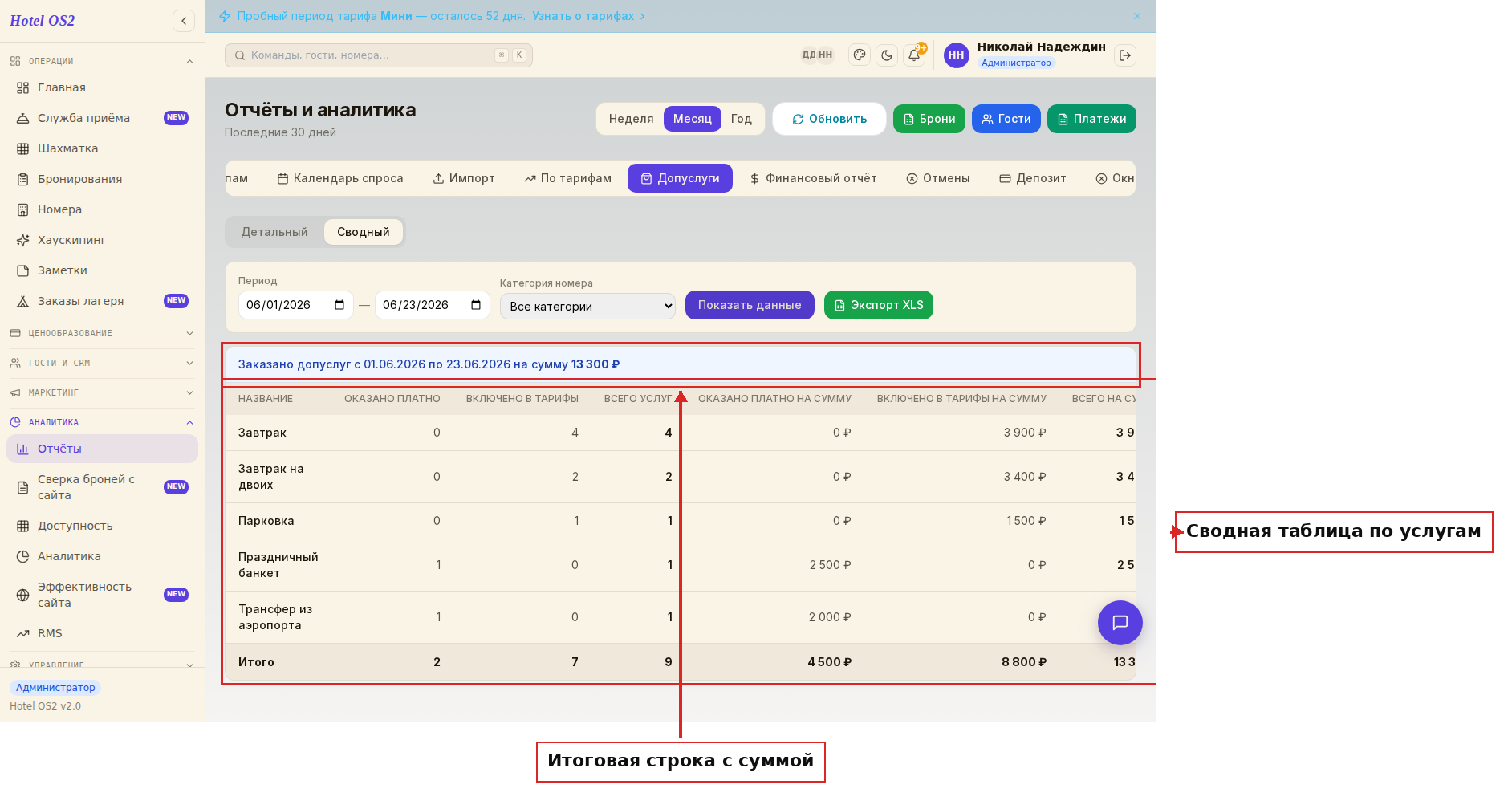 Сводный отчёт по допуслугам с итоговой строкой