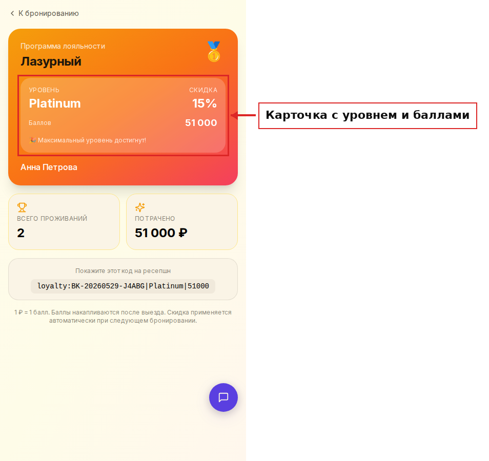 Карточка программы лояльности — уровень и баллы