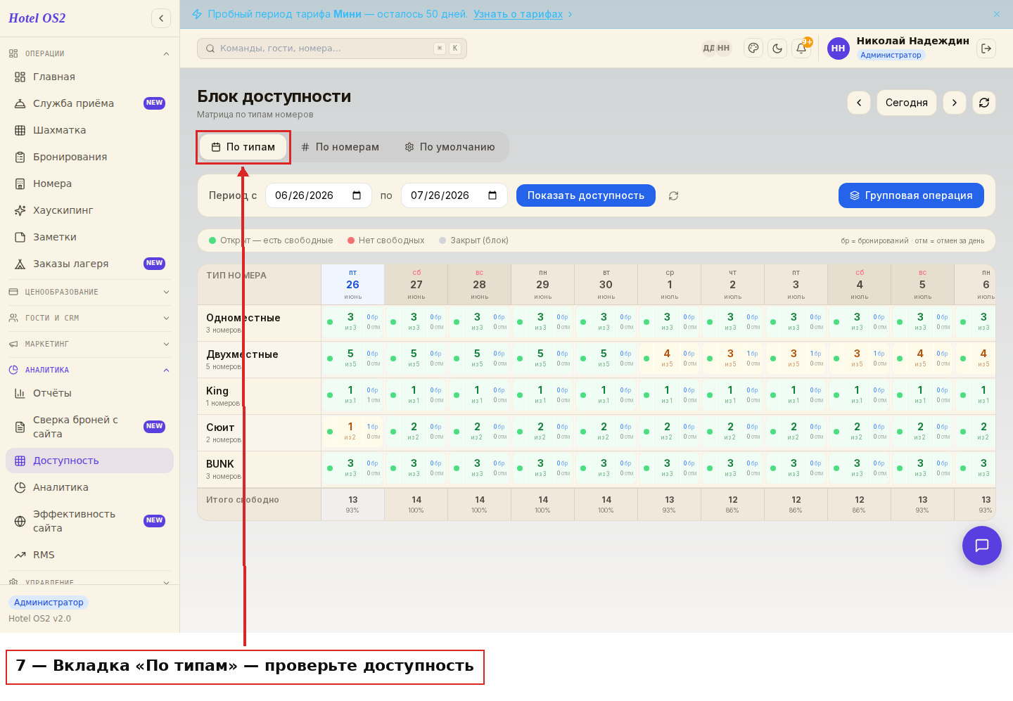 Вкладка «По типам» — обновлённая доступность отображается по всем датам