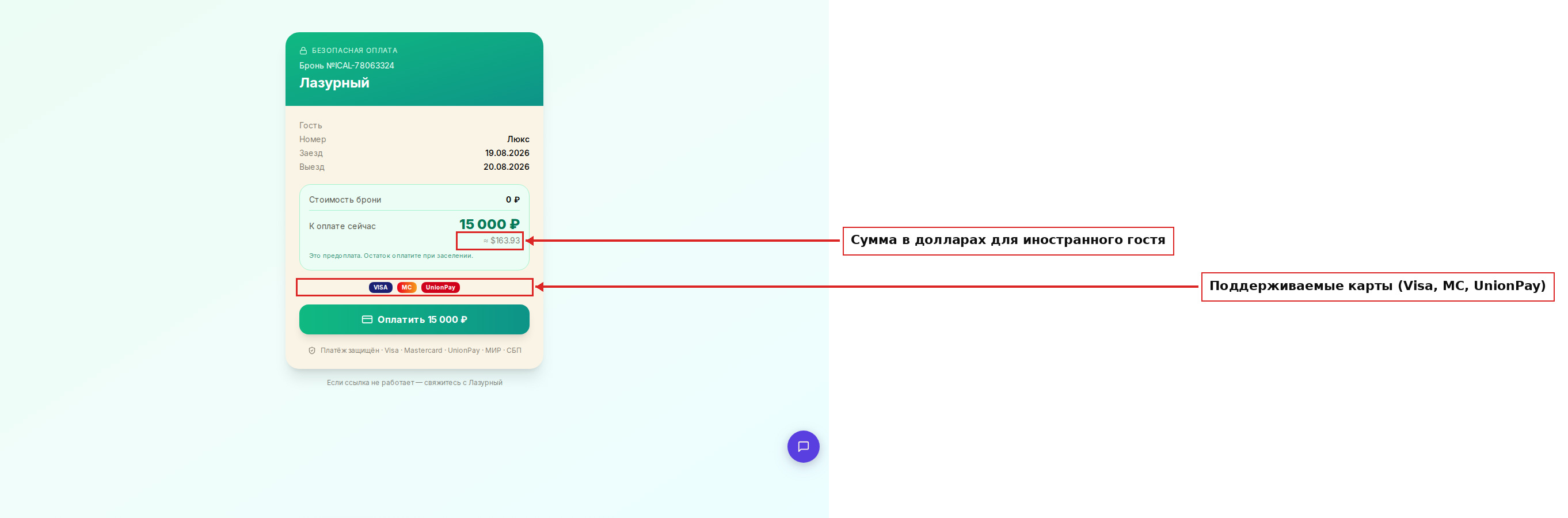 Страница оплаты с суммой в USD и логотипами карт
