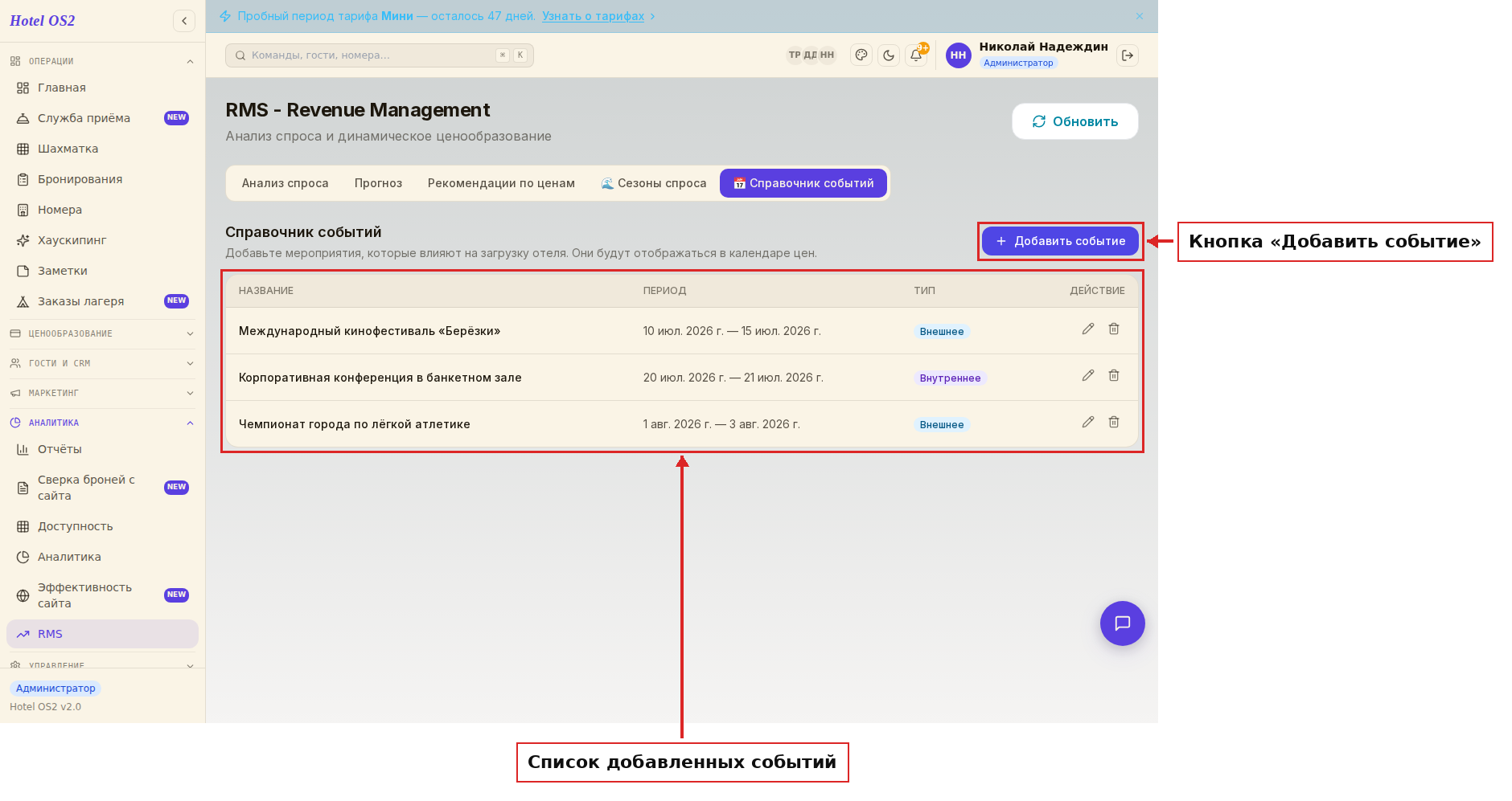 Раздел RMS и вкладка «Справочник событий»