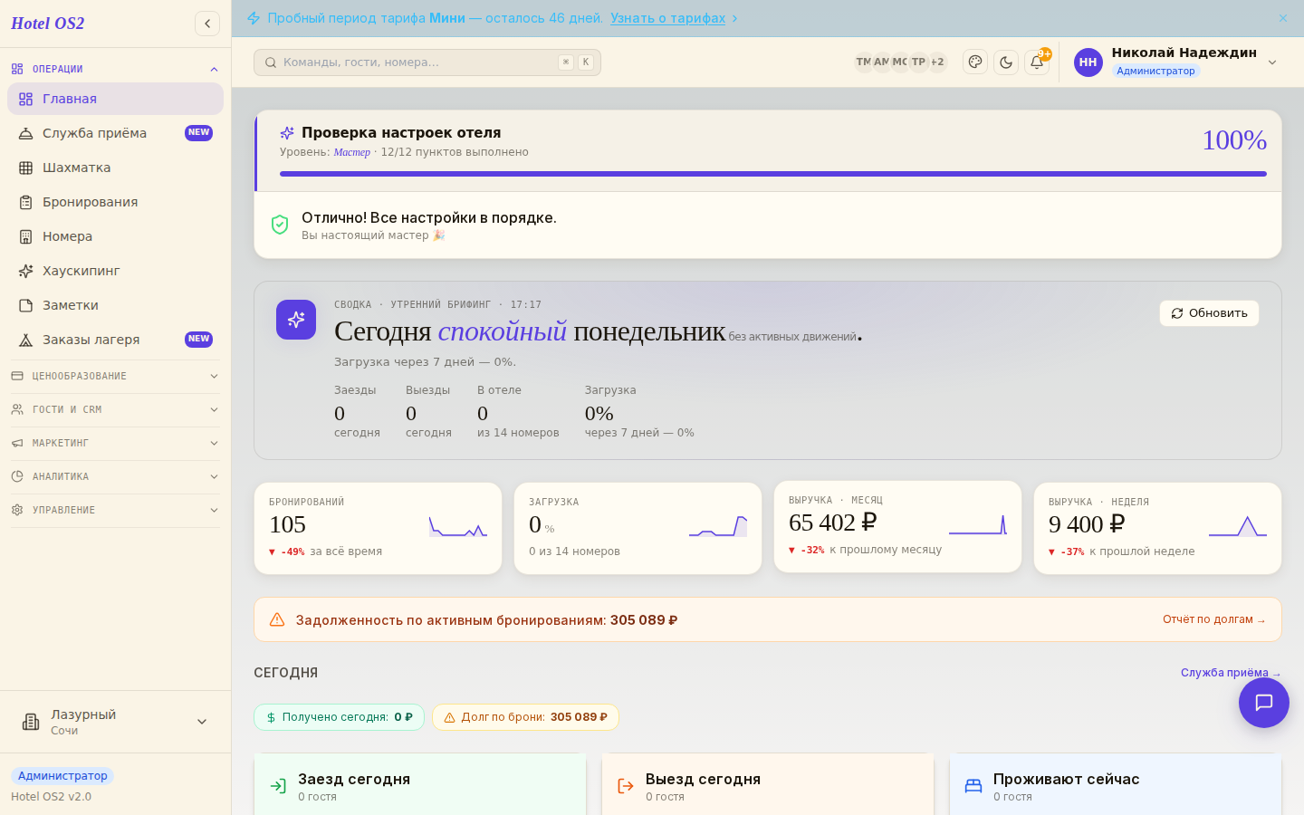 Главный экран Hotel OS2 после входа