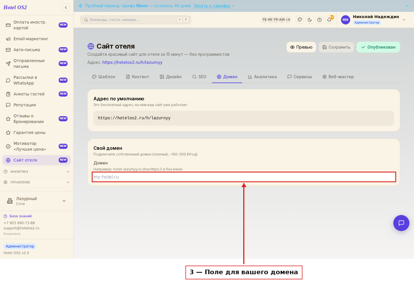 Поле для ввода вашего домена