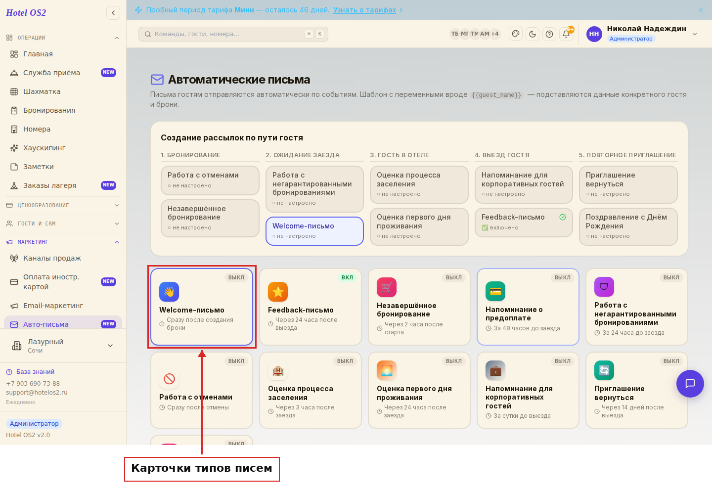 Карточки всех типов автоматических писем