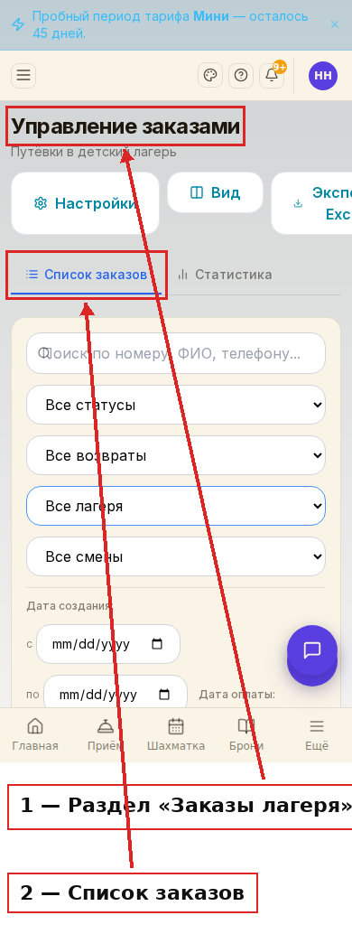 Раздел «Заказы лагеря» на телефоне