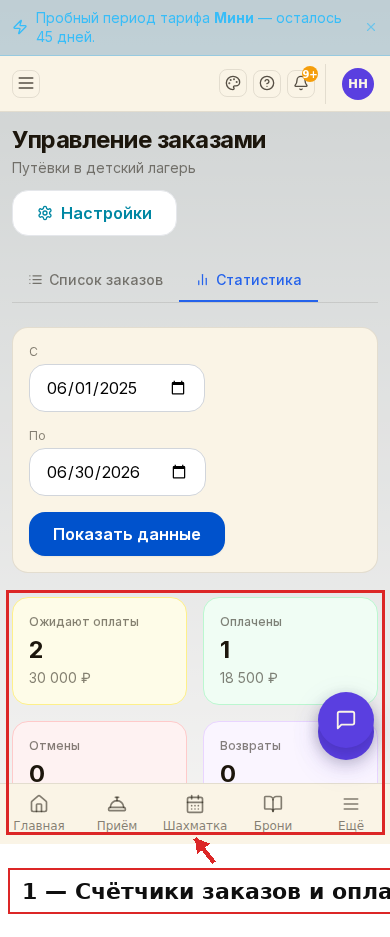 Вкладка «Статистика» со счётчиками