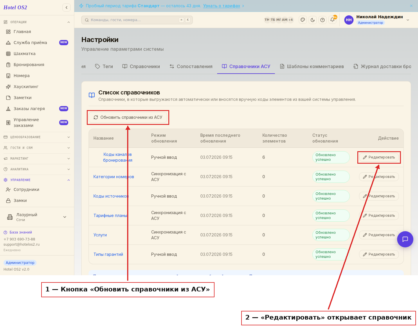 Список справочников с режимом и статусом обновления