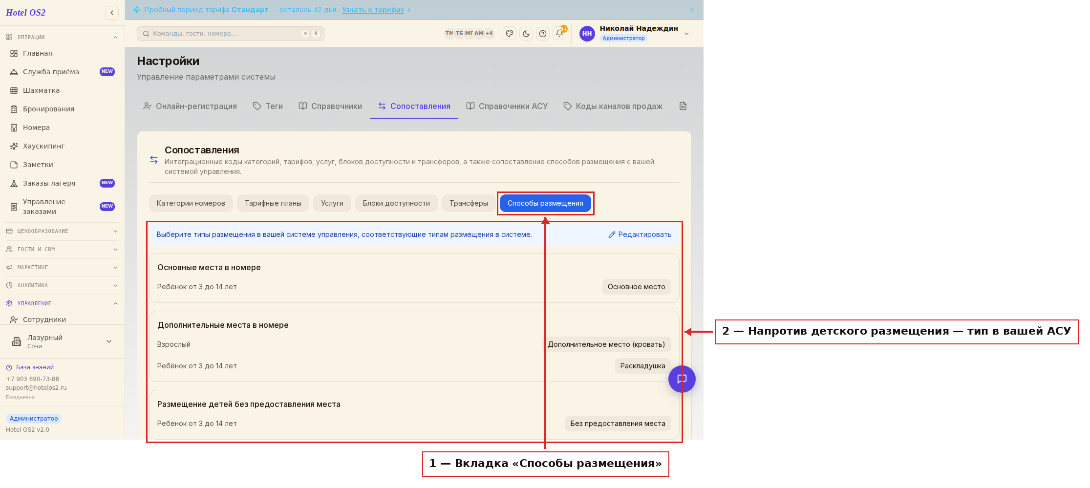 Вкладка «Способы размещения» с сопоставлениями