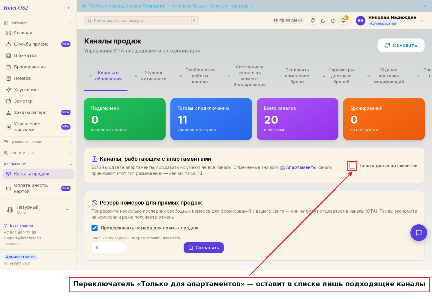 Блок «Каналы, работающие с апартаментами» и переключатель фильтра