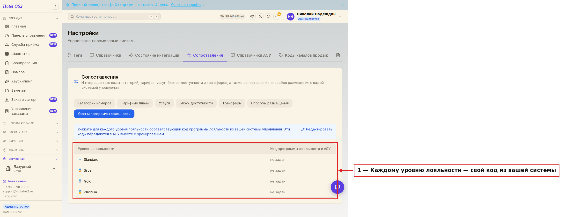 Сопоставление уровней лояльности с кодами