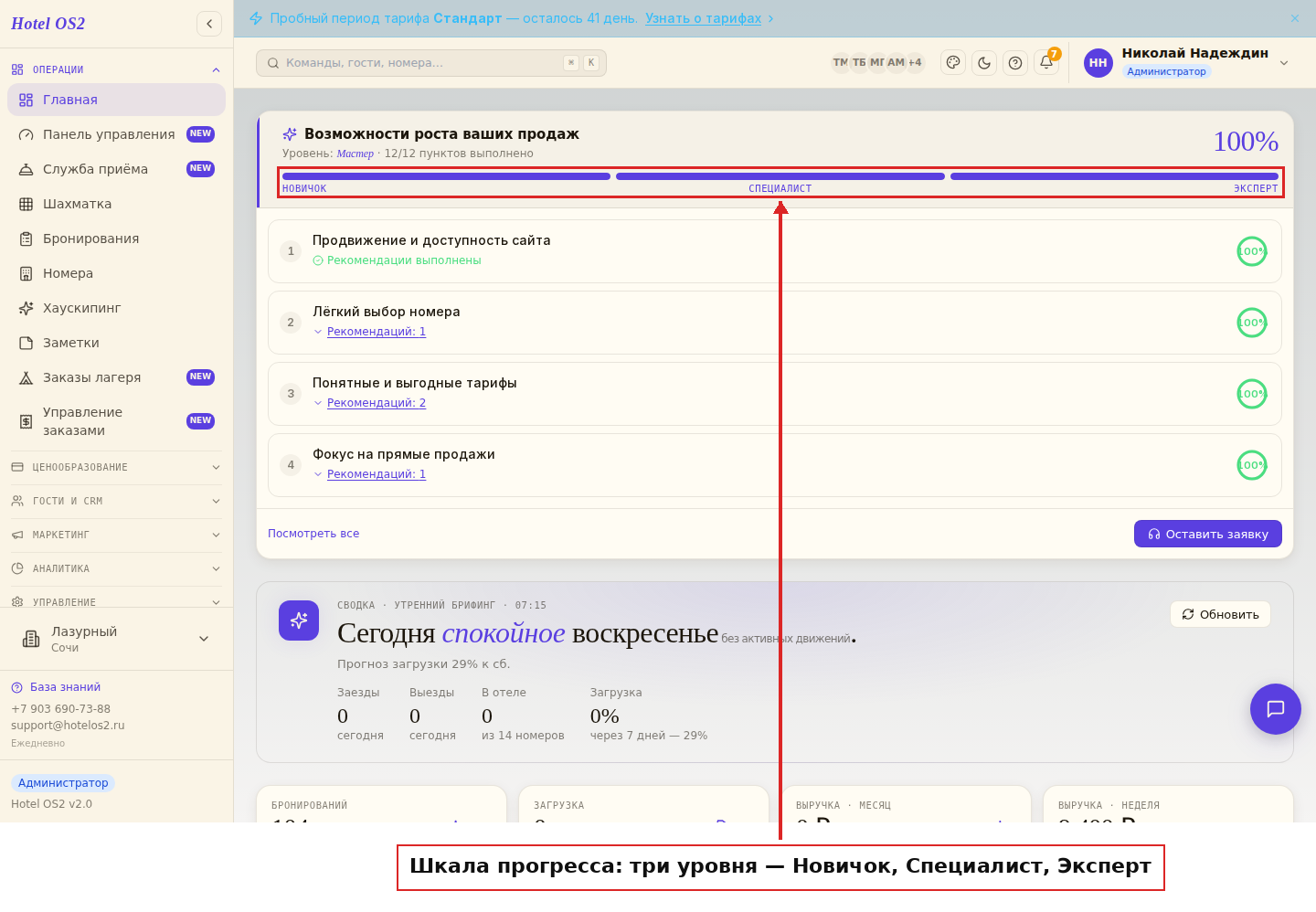 Шкала прогресса с уровнями Новичок, Специалист, Эксперт