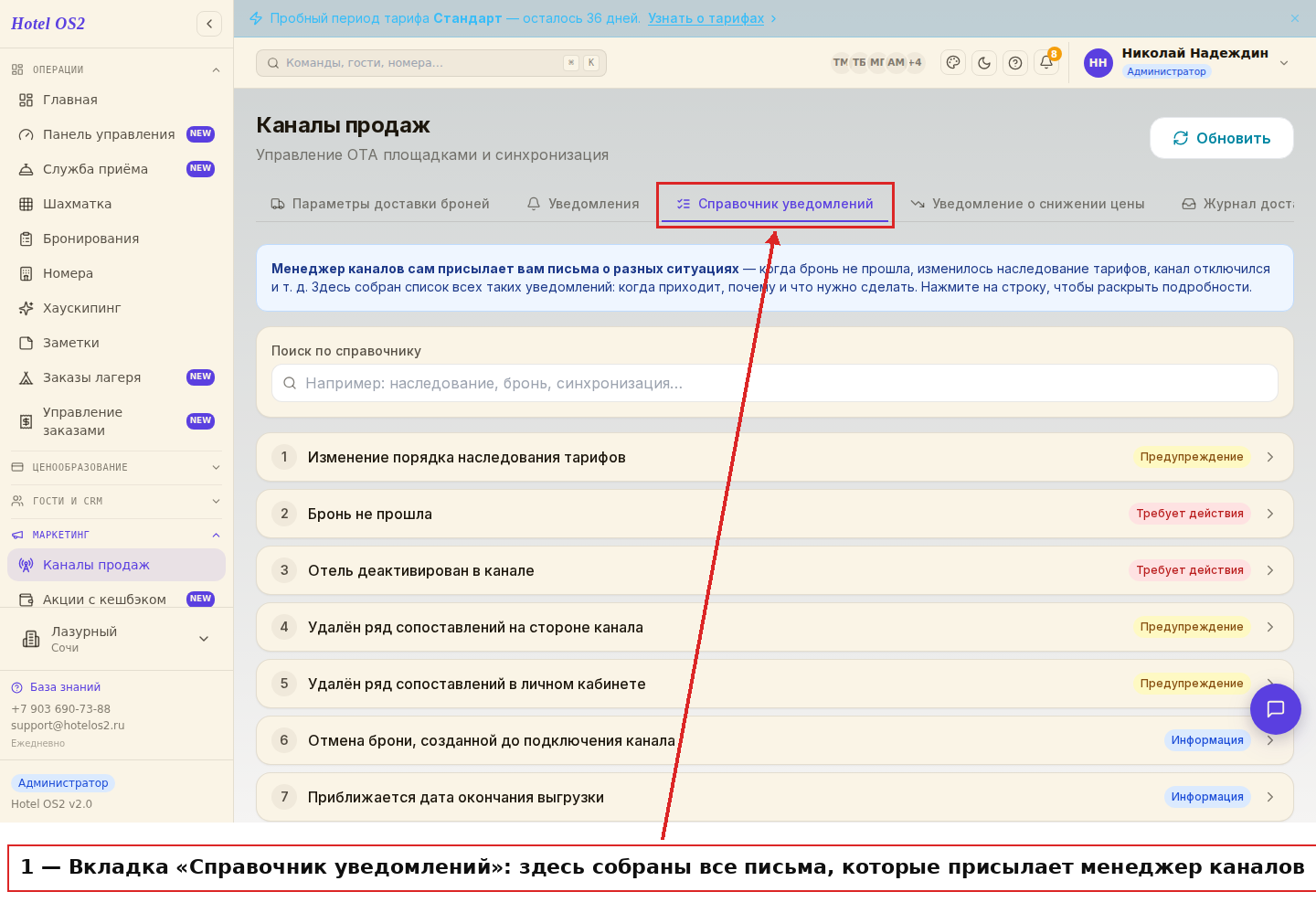 Вкладка «Справочник уведомлений» в менеджере каналов